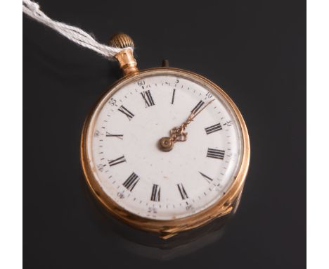 Damentaschenuhr 585 RG, weißes Zifferblatt m. schwarzen röm. Ziffern, Staubdeckel Metall,Dm. ca. 3,2 cm, gestempelt: Feingeha