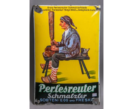 Email-Schild, "Perlesreuter Schmalzler" (um 1920/ 30), gewölbte Form, Pyro-Email, Boos &amp;Hahn, Ortenberg-Baden, Gr. ca. 39