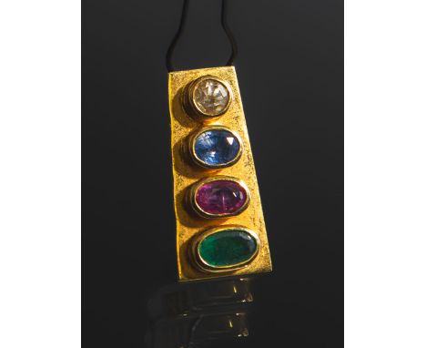 Anhänger mit Edelsteinbesatz 750 GG, besetzt m. 1x Citrin, 1x Saphir, 1x Rubin, 1xSmaragd, L. ca. 27 mm, gestempelt: Feingeha