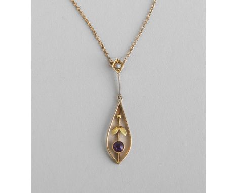 Feines Collier 585 GG, Anh. besetzt m. 1 Amethyst, L. ca. 25,5 cm (im geschl. Zustand m.Anhänger), gestempelt: Feingehalt, Ge