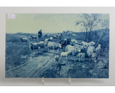 Tablett (Delfter Fliesen / Kacheln, um 1900), blaue Bemalung, Darst. einer Schafherde m.Hirte, bez. "Naar B. Thom", rs. div. 