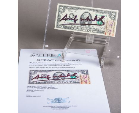 Warhol, Andy (1928 - 1987), "2 USD (Thomas Jefferson)" (1976), vs. handsign. m.Briefmarke, rs. m. Stempel, Seriennr. "G218824