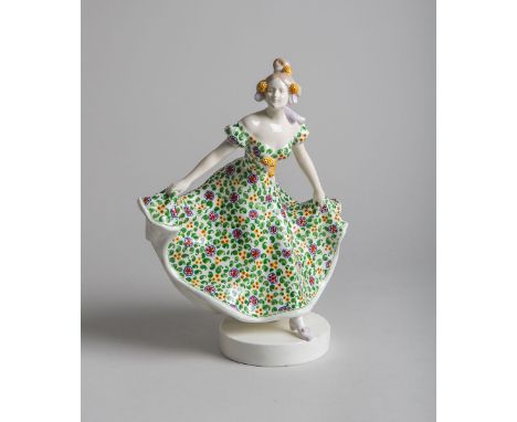 Keramikfigur "Dame mit Kleid" (Vienna F. Goldscheider, Wien), auf rundem Sockel,  Höhe ca.31 cm, Breite 23 cm. Fachmännisch r