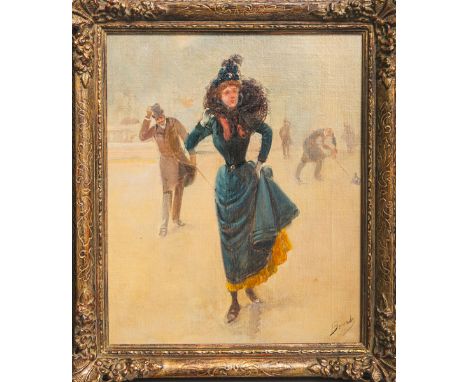 Unleserlich signiert (wohl "Berand", Französische Schule um 1900), "Beim stürmischenWetter", Öl/Lw., auf Holz doubliert, u. r