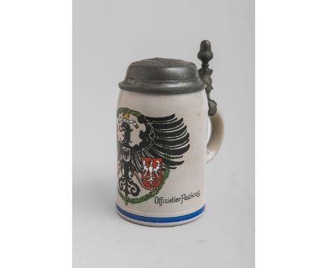 Bierkrug, grauer Scherben, XI. Deutsches Turnfest 1908 Frankfurt a./M, OffiziellerFestkrug, Merkelbach, Entwurf Franz Ringer,