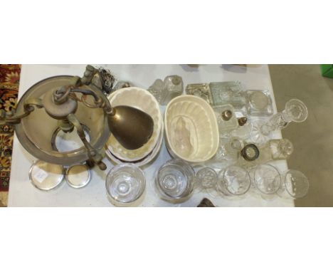A 19th century glass rummer, various drinking glasses, inkwells, a light fitting, other glassware, etc.