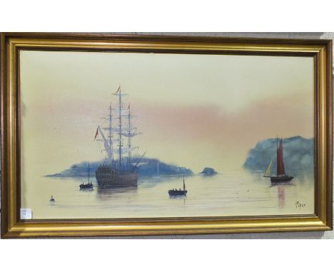 Robert Piper, HMS Culloden off Drake's Island, signed oil on canvas, titled verso, 50 x 91cm, another, First Light, signed wa