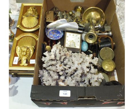 Two folding bookends with applied gilt cherubs, 42cm, a piece of coral, a Helveco calendar clock, a copper coal helmet and ot