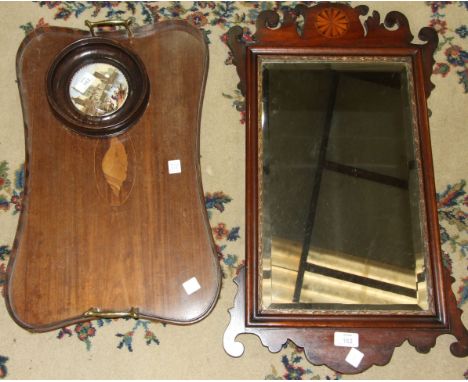 A Georgian-style mahogany and parcel gilt wall mirror, 40 x 70cm, an Edwardian two-handled concave-sided tray and a Prattware