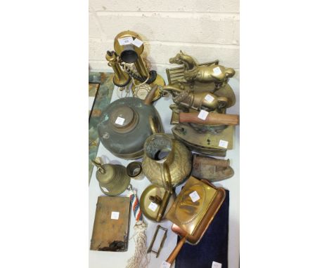 A brassed candlestick telephone, model AT111, converted by Astral Telecommunications Ltd, 32cm high, a vintage brass iron, a 