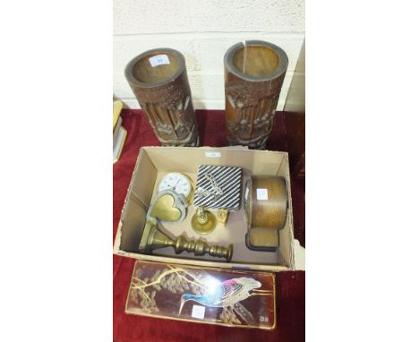 A pair of Oriental carved bamboo brush pots, 32.5cm high, a rectangular lacquered box, an oak mantel clock, 15cm high and oth