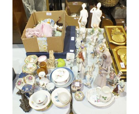 Various porcelain and ceramic figures, some af, a Spode Mayflower plate and other items.