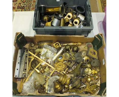 A set of three long case clock brass ball finials, spandrels, other clock furniture and a collection of various lenses.