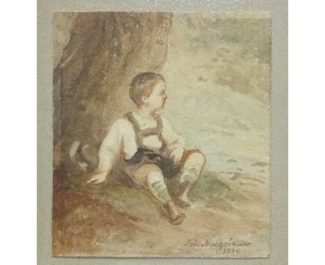 Jos Neugebauer, Young Boy Sitting Against a Tree Trunk, signed watercolour, dated 1880. 9 x 8.5cm and another of a young girl