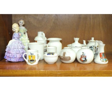 Two Royal Doulton figures, Rose, HN1416 and The Little Bridesmaid, HN1434 and thirteen pieces of WH Goss crested ware.