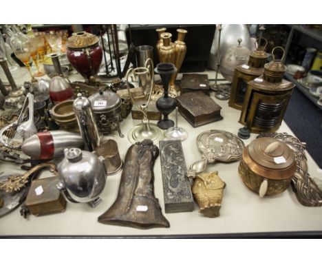 LARGE MISC SELECTION OF METALWARES VARIOUS TO INCLUDE; TWO PAIRS OF WROUGHT METAL CANDLE BRACKETS, EGG WARMER WITH SPIRIT BUR