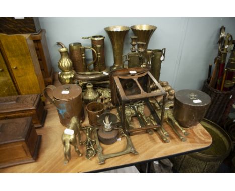 SUNDRY NINETEENTH CENTURY AND LATER COPPER AND BRASS WARES INCLUDING; GAS LAMP WALL BRACKET, TWO PAIRS OF CANDLESTICKS, bugle