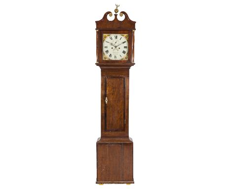 EARLY NINETEENTH CENTURY OAK AND MAHOGANY LONGCASE CLOCK SIGNED Jn, FARNHAM, BRIDPORT, the 12" painted Roman dial with subsid