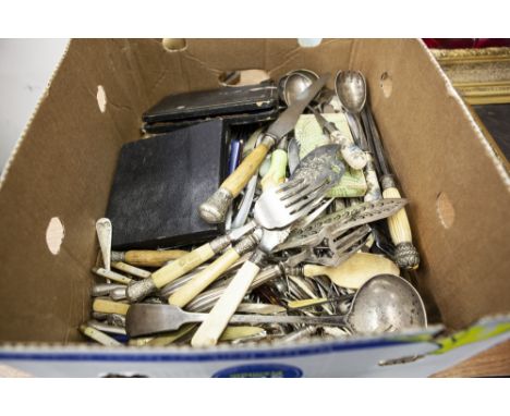 LARGE SELECTION OF MISC CUTLERY INCLUDES PINT BROTHERS, SHEFFIELD. CARVING KNIFE AND FORK, LARGE FIDDLE HANDLE SOUP LADLE, NI