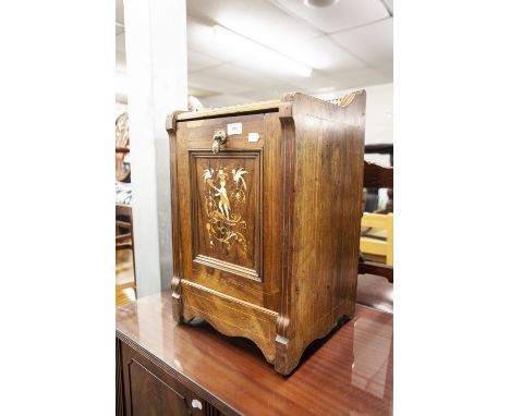 AN EARLY TWENTIETH CENTURY INLAID ROSEWOOD HOPPER FRONT COAL PURDONIUM WITH BRASS GALLERY TO BACK 