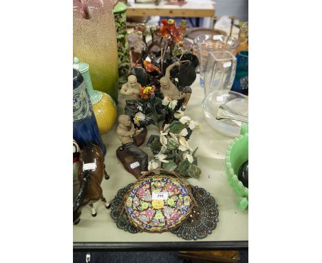FOUR DECORATIVE ORIENTAL HARDSTONE ORNAMENTS IN THE FORM OF PLANTS, TWO BEING IN CLOISONNE ENAMEL BOWLS AND SIX OTHER ORIENTA