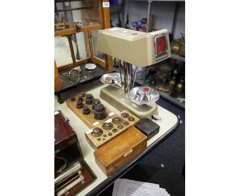 PAIR OF POST WAR 'MONEY CHECKER' BANKERS SCALES,  IN ENAMELLED AND CHROME METAL WITH FOUR WEIGHTS FOR CASH DENOMINATIONS AND 