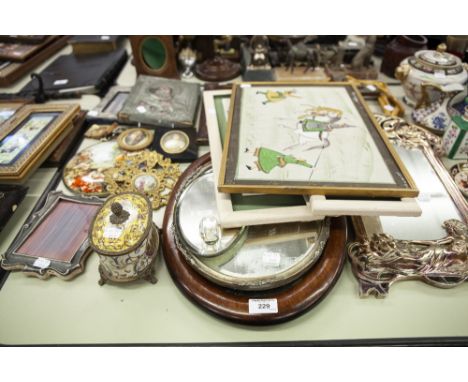 DECORATIVE ITEMS VARIOUS TO INCLUDE GILT METAL MOUNTED OVAL POTTERY AND COVER WITH PINEAPPLE FINIAL, PRINTED CERAMIC PLAQUE I
