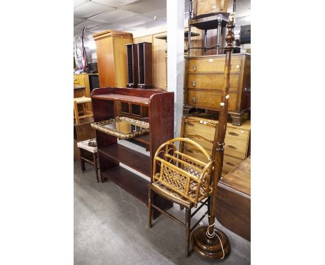 MAHOGANY FINISH FOUR TIER OPEN BOOKSHELVES AND OTHER OCCASIONAL FURNISHING INCLUDING; A STANDARD LAMP AND SHADE, BEDROOM CHAI
