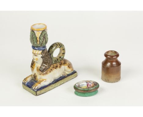 ANTIQUE ENAMELLED PATCH BOX, 'PEACE', a/f, together with a MAIOLICA POTTERY SPHYNX PATTERN SMALL CANDLE HOLDER and a SALT GLA