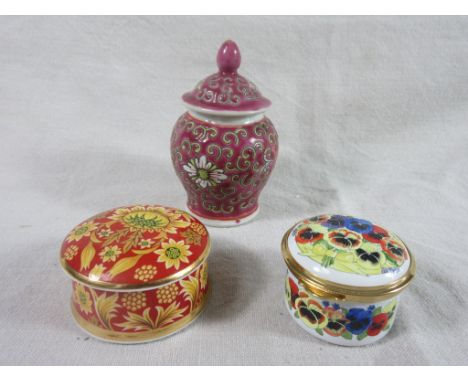 Two modern miniature Trinket or Pill Boxes (the  larger approx 5cm dia), together with a miniature  lidded Urn (approx 8cm)