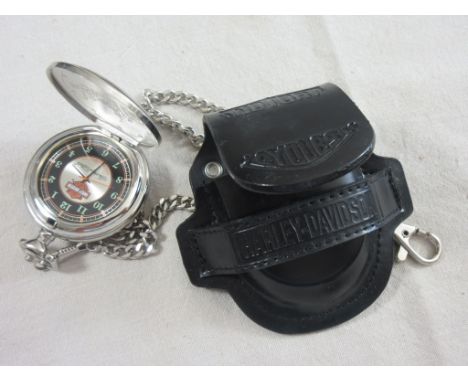 A Harley Davidson commemmorative Pocket Watch,  approx 5.5cm dia, together with leather Pouch.