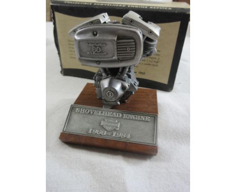 A boxed Harley Davidson 'Collectible Shovelhead  Engine Replica', a highly-detailed metal desk  model mountedon wooden plinth