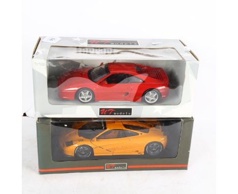 UT Diecast Model Cars, Red Ferrari F355 GTS, and Yellow Maclaren F1 GTR, 1:18 scale models 