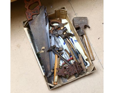 A quantity of Vintage hand saws, and various other tools (boxful) 