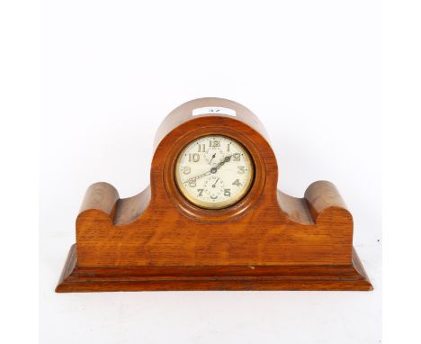 J W BENSON - an early 20th century light oak drum alarm mantel clock, Arabic numerals with subsidiary dials, case width 28cm 