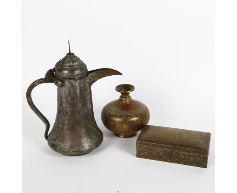 A Turkish brass wine ewer, engraved brass peacock cigarette box, and vase, height 13cm (3) 