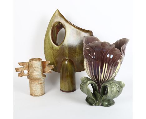 A large Art Nouveau Bretby floral jardiniere, and 2 pieces of Studio pottery marked Greenrigg, largest height 43cm (3) 