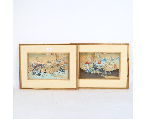 Pair of Japanese woodblock prints, birds and blossom, image 22cm x 35cm, framedOxidisation marks and discolouration 