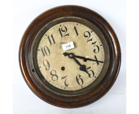 A Victorian dial wall clock, with papered dial and subsidiary dial, width 35cm, complete with pendulum 