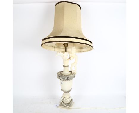 A carved alabaster table lamp and shade, height 76cm 