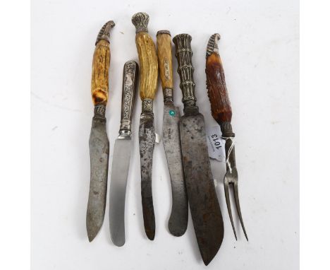 5 various horn and silver plated handled carving knives and fork, and another (6) 