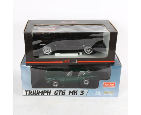 Sunstar Racing Green Triumph GT6 MK3, and UT Maclaren F1 GT Road Car, 1:18 scale models 