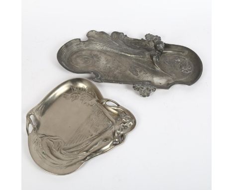 An Art Nouveau pewter figural dish, and another aluminium dish, largest length 37cm (2) 