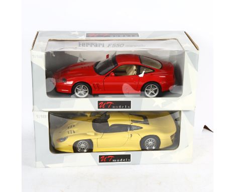 UT Diecast Model Cars, Red Ferrari F550 Maramello and Yellow Porsche 911 1997, 1:118 scale models 