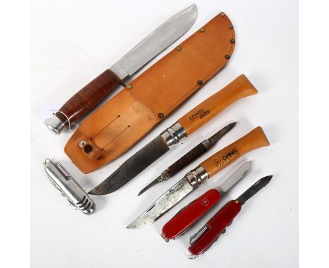 A group of knives, to include a hunting knife by Cox & Co Ltd, blade length 20cm, 2 Opinel lock knives, a Swiss Army knife, a
