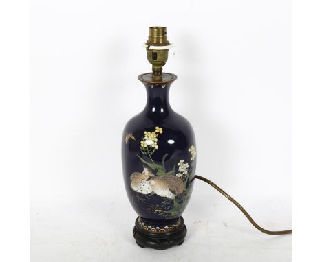 A fine Japanese cloisonne enamel vase / lamp, Meiji Period, decorated with fine silver wire quails beside blossoms and butter