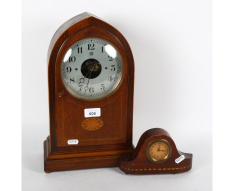 A Buile lancet-top mantel clock, in inlaid mahogany case, 35cm, and a small clock 