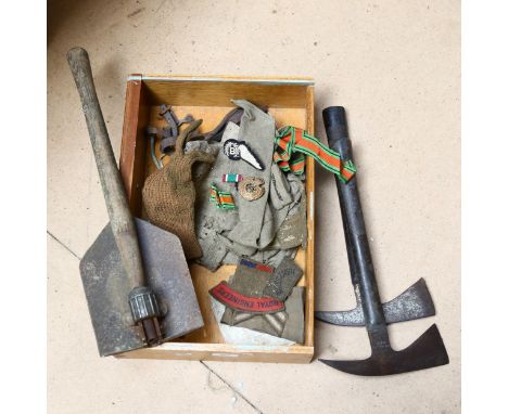2 Vintage fireman's axes, a folding Army shovel, military ribbon, badges etc (boxful) 