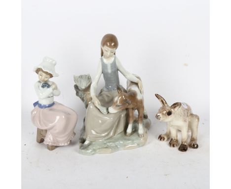 Lladro girl with calf, 20cm, NAO figure, and a Winstanley animal 