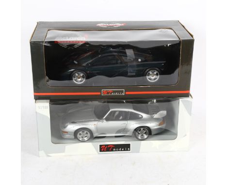 UT Diecast Model Cars, including metallic green Maclaren F! GTR Road Car, and a silver Porsche 911 Turbo, 1:18 scale models 